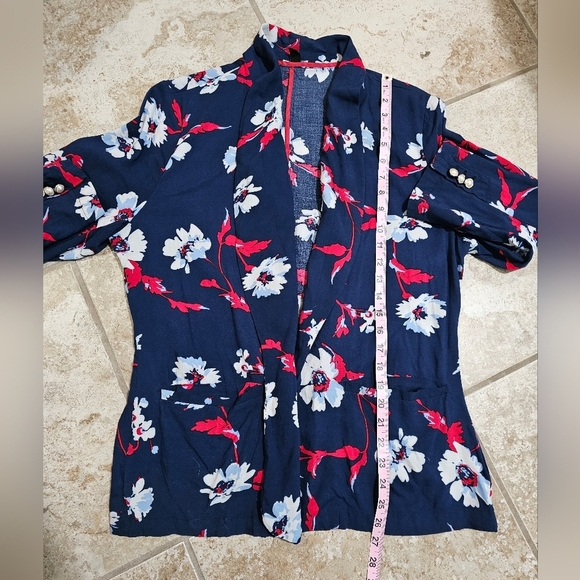 Roz & Ali Blue Red Floral Open Front Blazer L Lightweight Spring Officewear - Picture 8 of 8